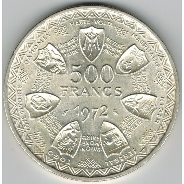 Західна Африка (BCEAO) 500 франків, 1972 10 років валютному союзу Срібло 0.900, 25g, ø 37mm, фото 1