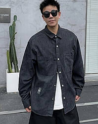 Чоловіча джинсова сорочка темно-сіра вільна стильна сорочка люкс якість