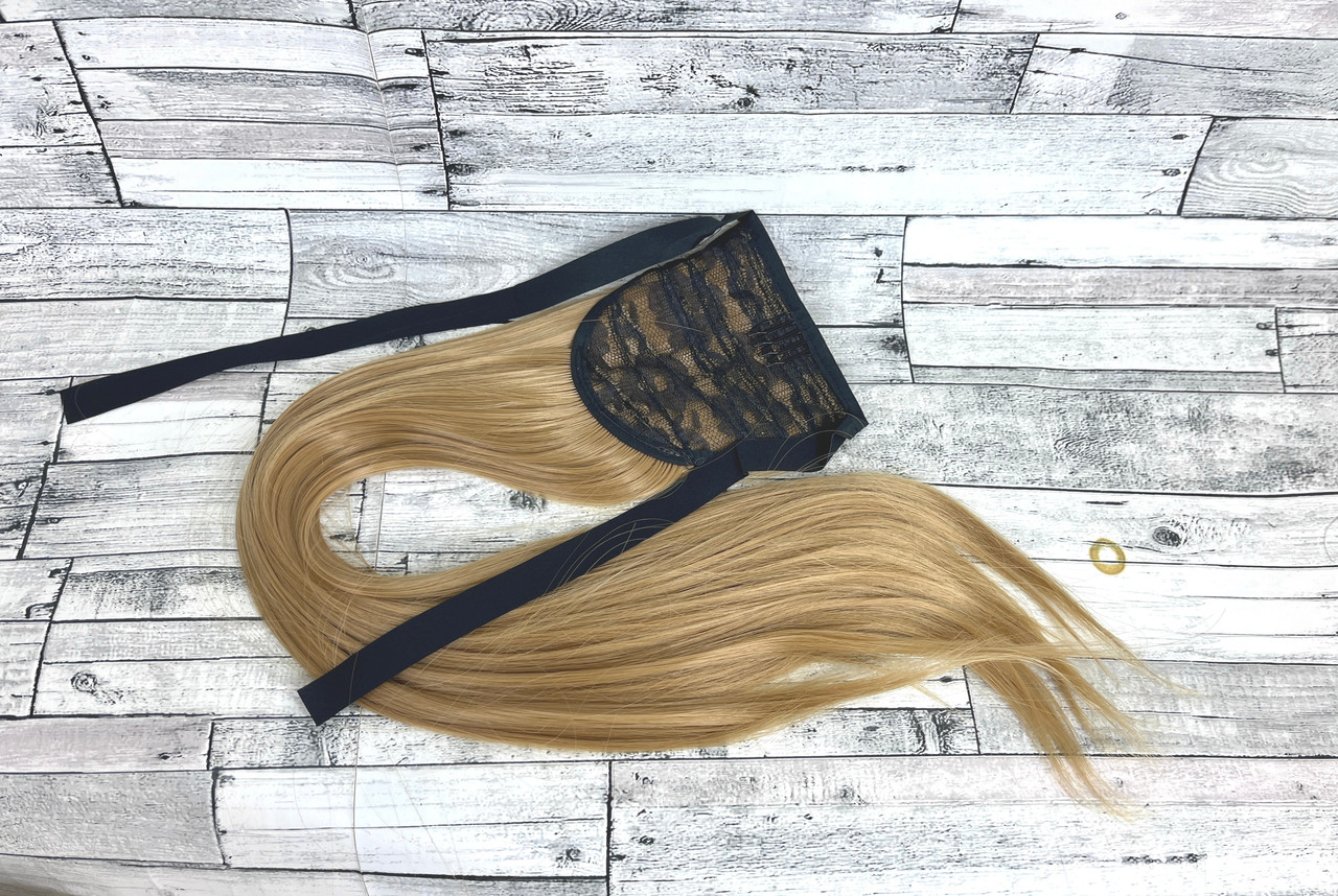 Накладний хвіст золотистий русий прямий №27 на стрічці шиньйон штучний термо, фото 1