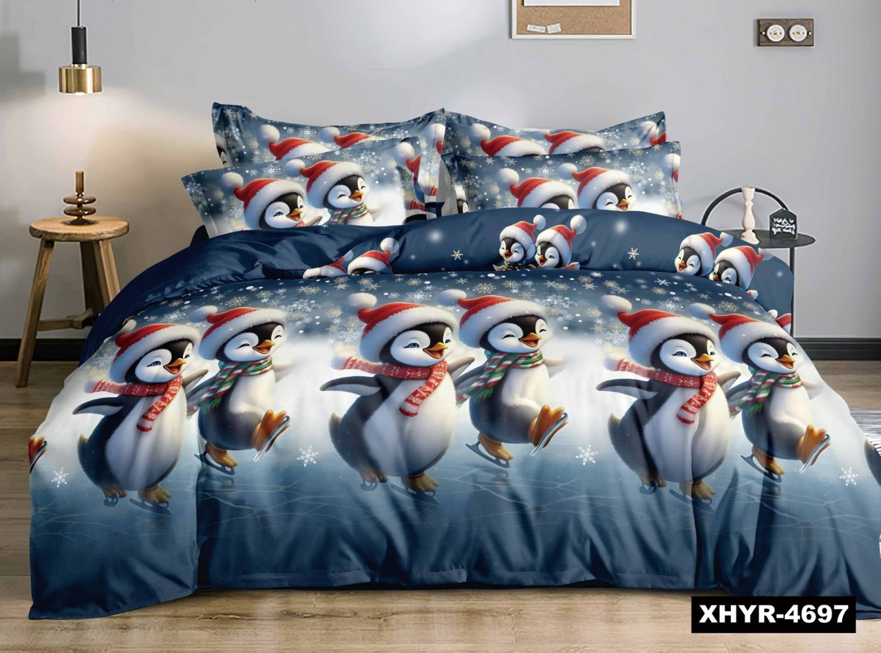 Новорічна постільна білизна фланель Royal Dream байка Пінгвіни на ковзанах, фото 1