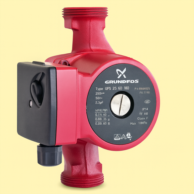 Циркуляційний насос Grundfos UPS25-60 180 мм – надійне та енергоефективне рішення для систем опалення і гарячого водопостачання. Насос забезпечує стабільну циркуляцію води, зменшує витрати електроенергії та підвищує ефективність роботи котла. Ідеально підходить для приватних будинків та невеликих комерційних об’єктів. Циркуляційний насос Grundfos UPS25-60 180 мм – енергоефективний насос для систем опалення та гарячої води на світло-жовтому фоні