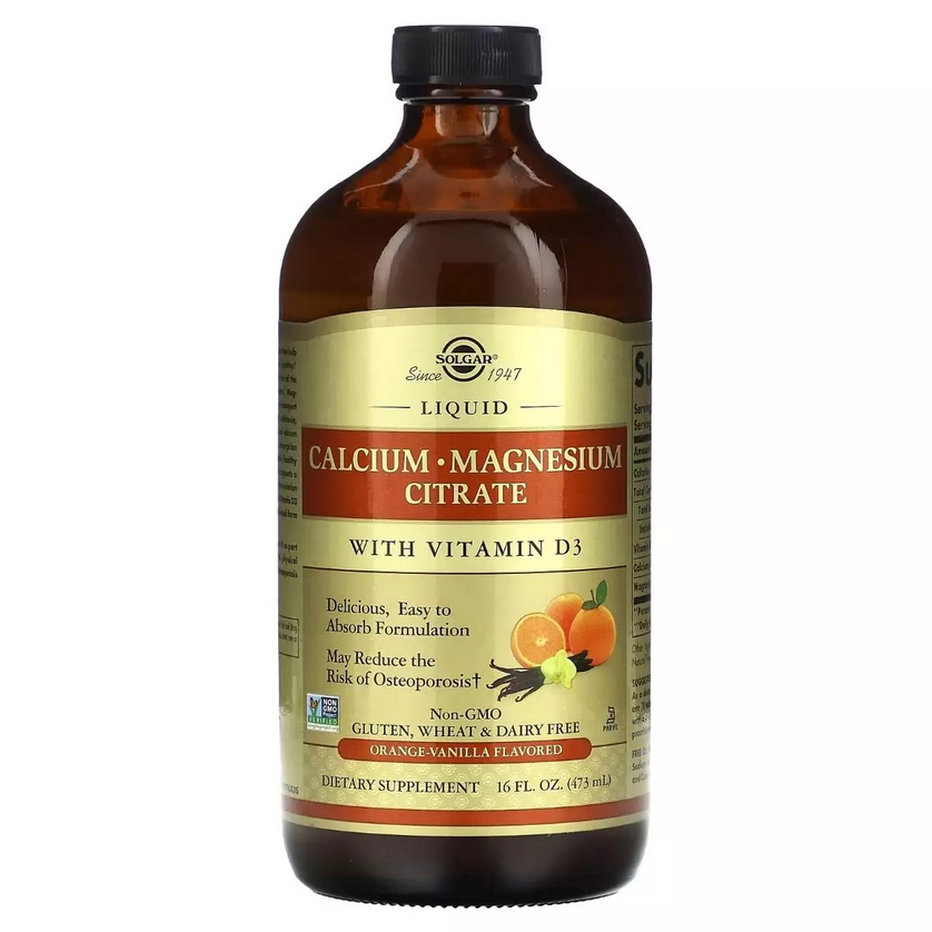 Рідкий Цитрат кальцію й магнію з вітаміном D3, Смак апельсин-ваніль, Solgar, 473 мл