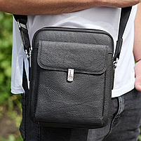 Чоловіча сумка з натуральної шкіри 24х20х8, чорна барсетка через плече, чоловічий месенджер, чорний, фото 4