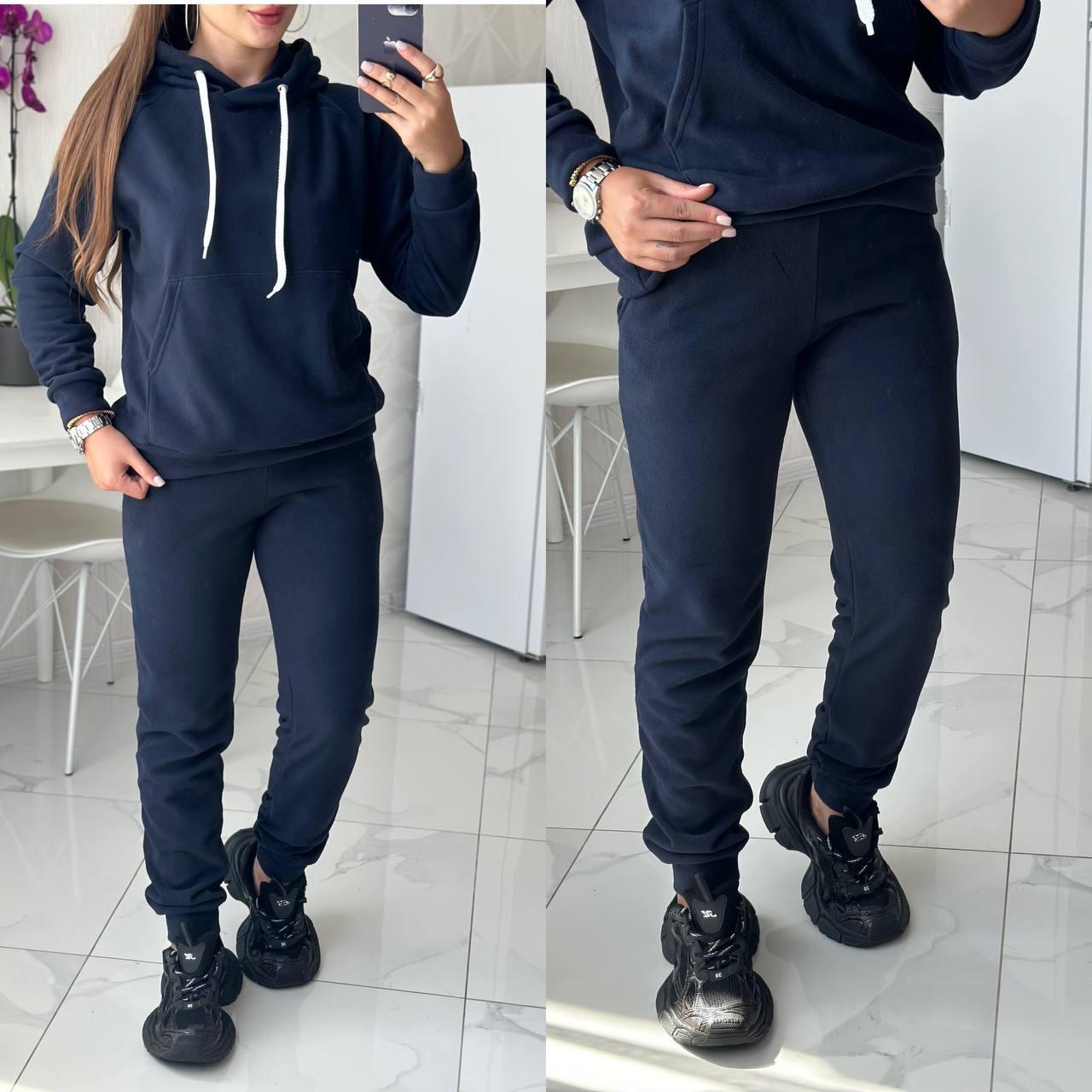 Базовий жіночий спортивний флісовий костюм (Розмір: 42, 44, 46, 48, 50, 52, 54, 56), Темно-синій, фото 1