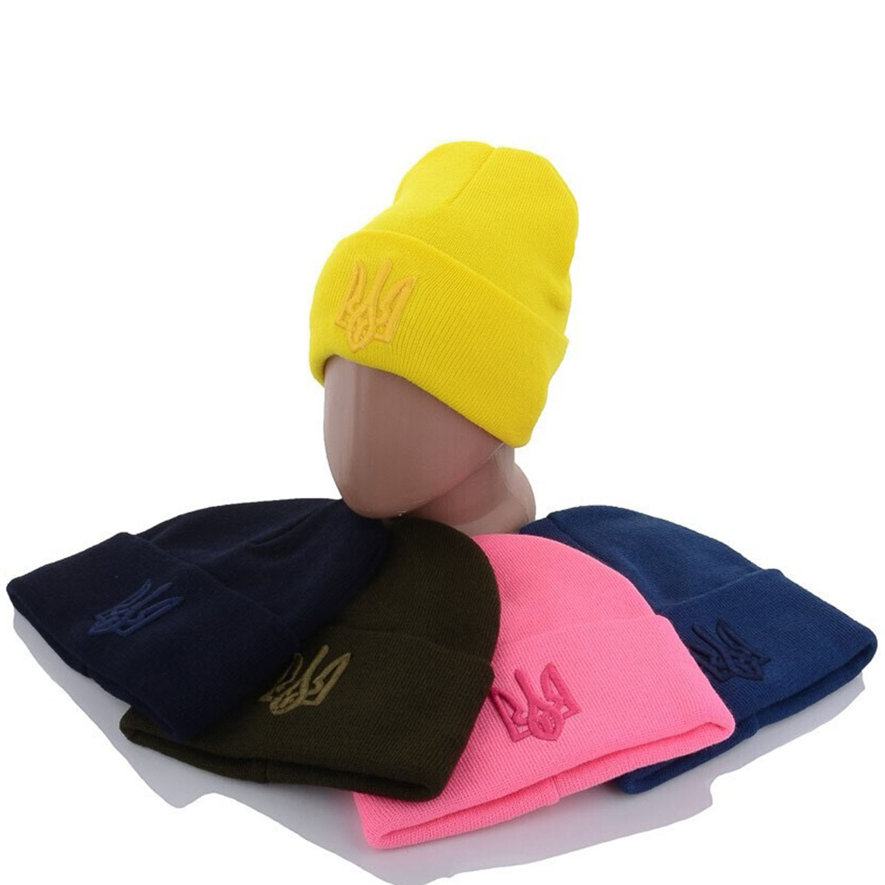 Кольорова шапка закот із вишивкою на флісі "Герб" Розмір: 54- 58 (17117-5), фото 1