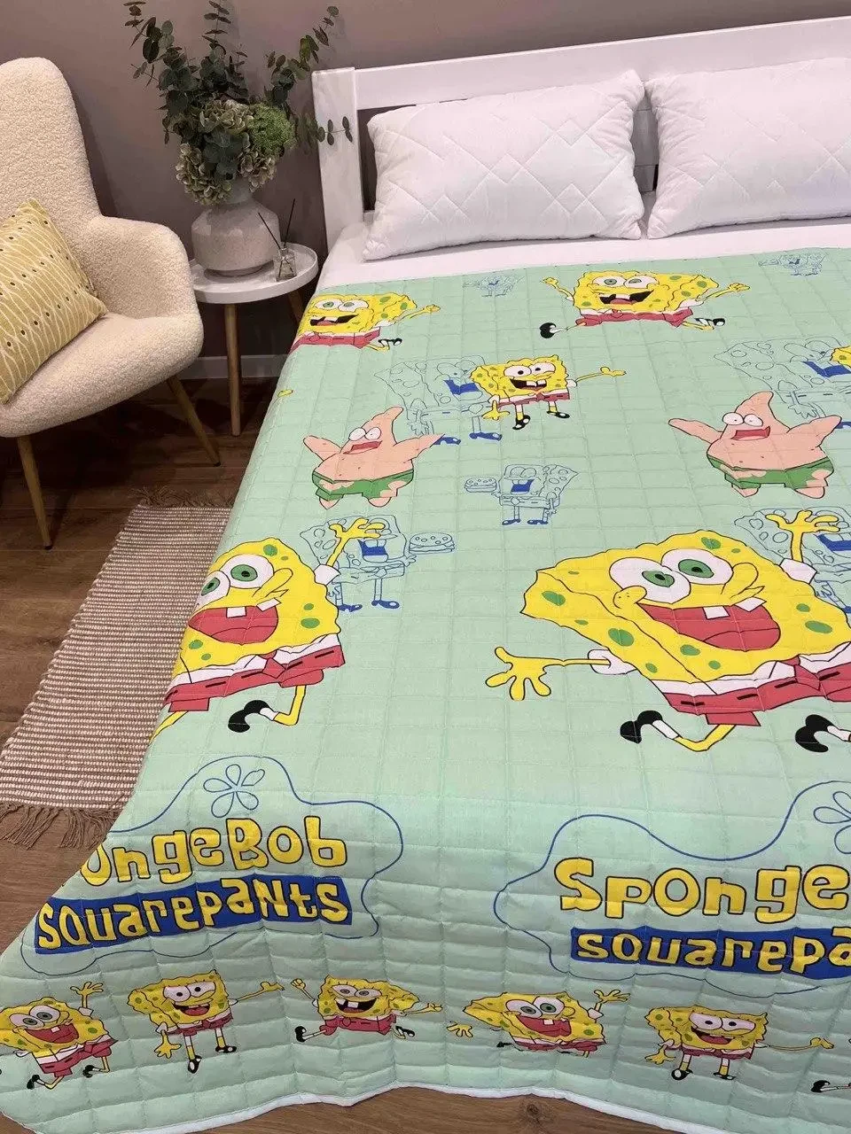 Покривало стьобане бавовняне на дитяче ліжко Губка Боб 110*140см, фото 1