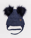 Дитячий комплект для хлопчика 1 2 3 4 роки: тепла зимова шапка на флісі з двома помпонами + в'язаний шарф - хомут, темно-синій, фото 3