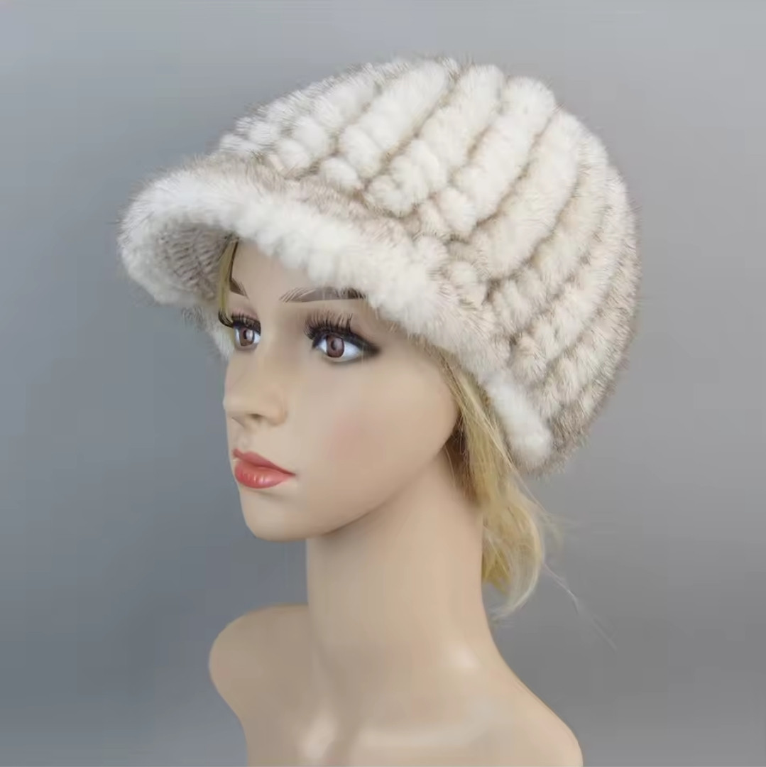 Зимова норкова кепка з в'язаної норки молочний, фото 1