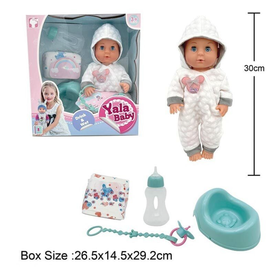 Пупс YL 2430 L-W п'є з пляшечки, ходить на горщик, заплющує очі, аксесуари, висота 30 см, фото 1