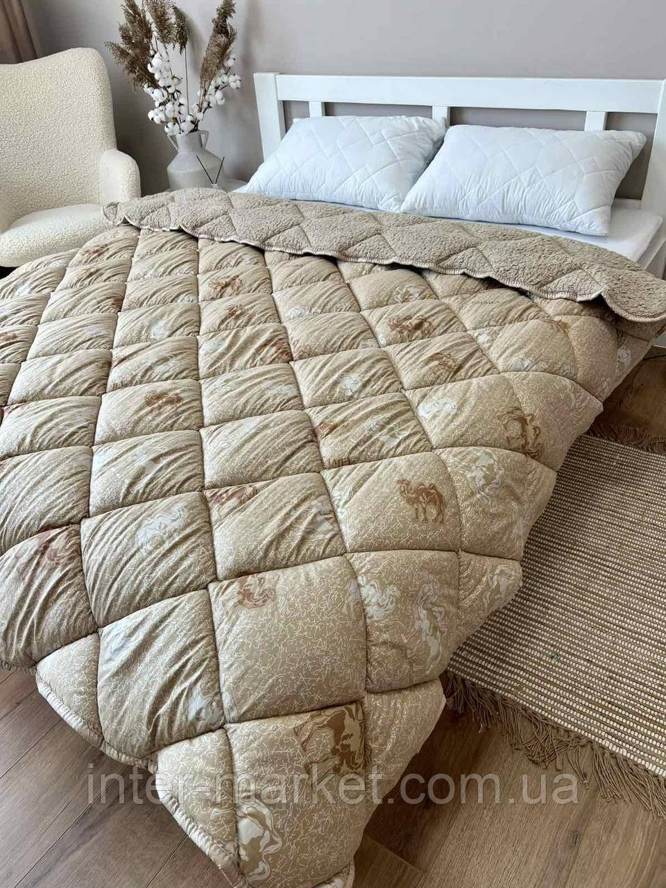 Верблюжа двостороння ковдра Двуспальне з відкритим хутром., фото 1