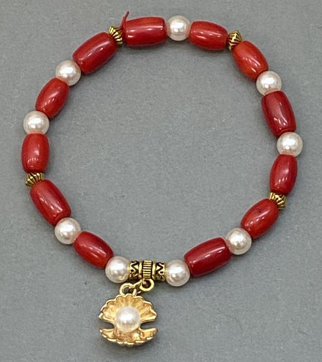 Браслет натуральний Корал барило 10х6,5мм+- Майорка 6мм+-з металевими вставками L-18мм+- стрейч, фото 1