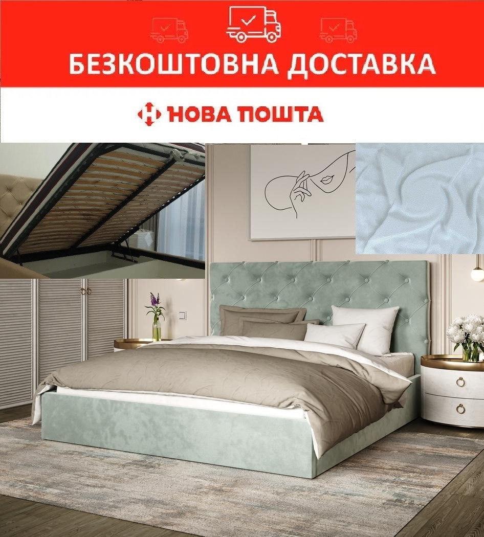 Ліжко Велюр 160*200см Light Grey з механізмом та м'яким узголівьям, фото 1
