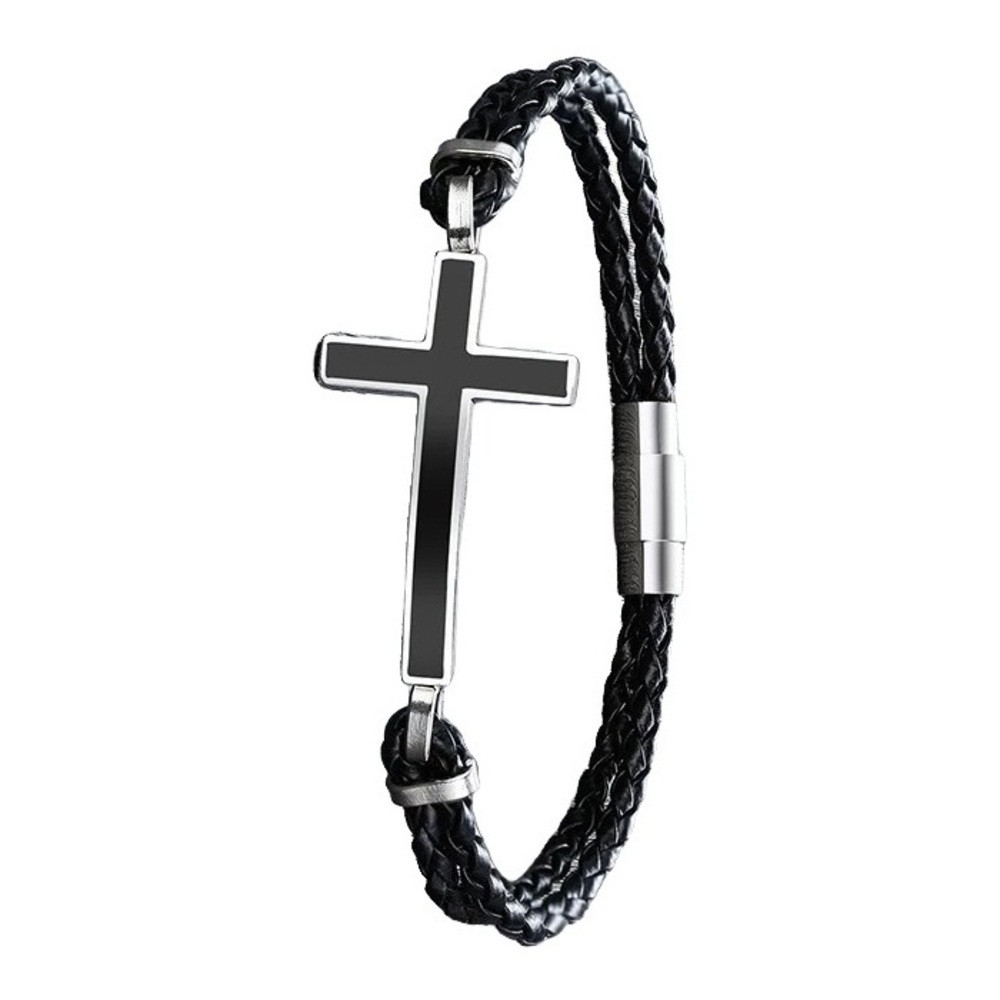 Браслет шкіряний "Хрест" Type D6 21 см чорний, фото 1