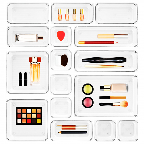 Набір з 16 прозорих пластикових лотків-органайзерів для зберігання косметики, канцелярії, фото 1