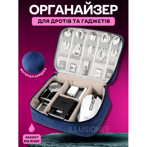 Дорожня сумка-органайзер 24 х 19 х 10 см для аксесуарів, зарядних пристроїв, дротів, кабелів синя, фото 1