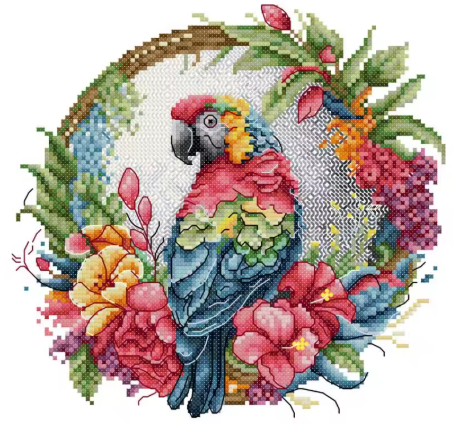 Набір для вишивання за нанесеною на канву схемою "Parrot on Wreath".AIDA 14CT printed , 27*27 см, фото 1