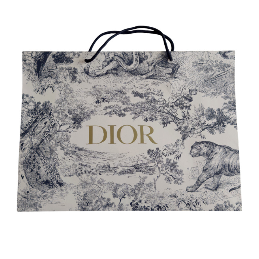 Пакет Dior білий із візерунком Toile de Jouy тигри та ліс, золота напис, чорні мотузкові ручки, преміальний картонний пакет для