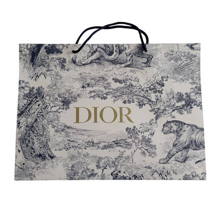 Пакет Dior білий із візерунком Toile de Jouy тигри та ліс, золота напис, чорні мотузкові ручки, преміальний картонний пакет для, фото 1