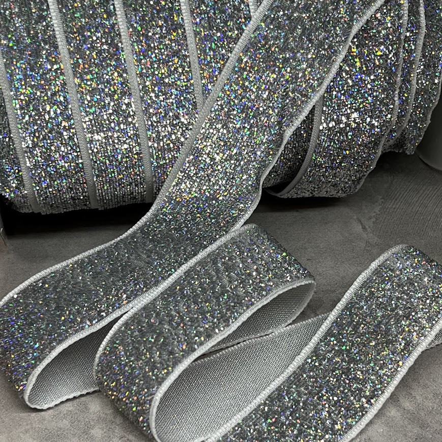 Стрічка велюрова 2,5 см з люрекс ниткою, срібло АВ, арт 019044, 1 метр, Сріблястий, фото 1