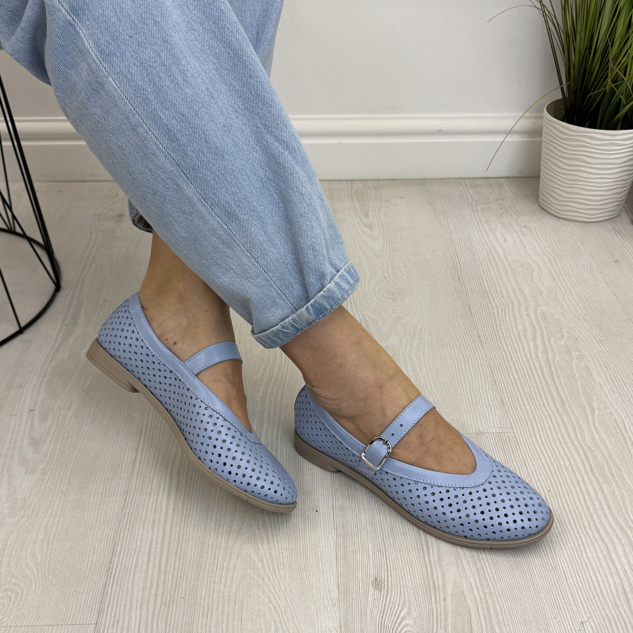 Балетки шкіряні жіночі зі наскрізною перфорацією. Колір блакитний. 39 розмір, фото 1