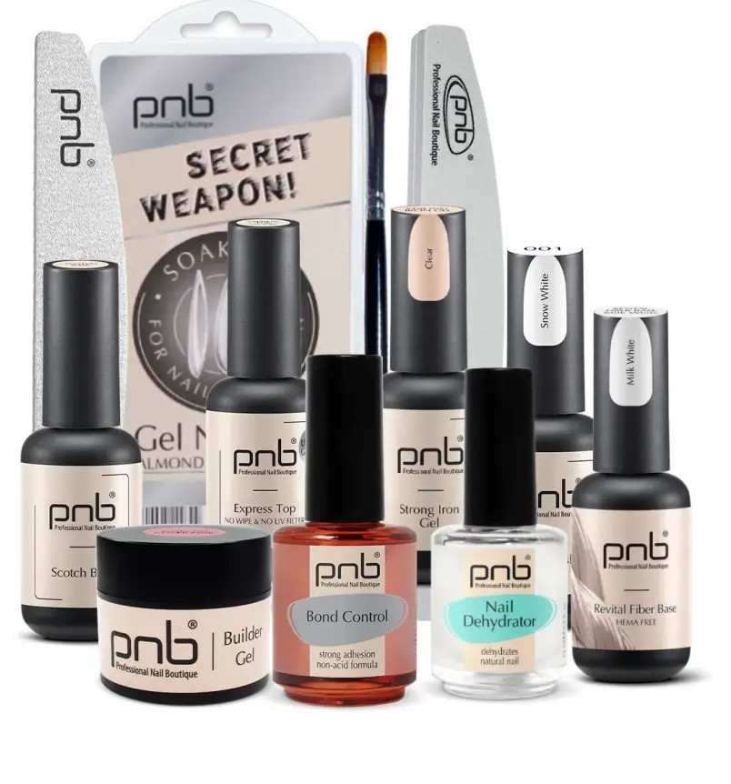 Набір стартовий для корекції, нарощування нігтів PNB "Maxi Optimal" (підготовка, гель, фініш, аксесуари)