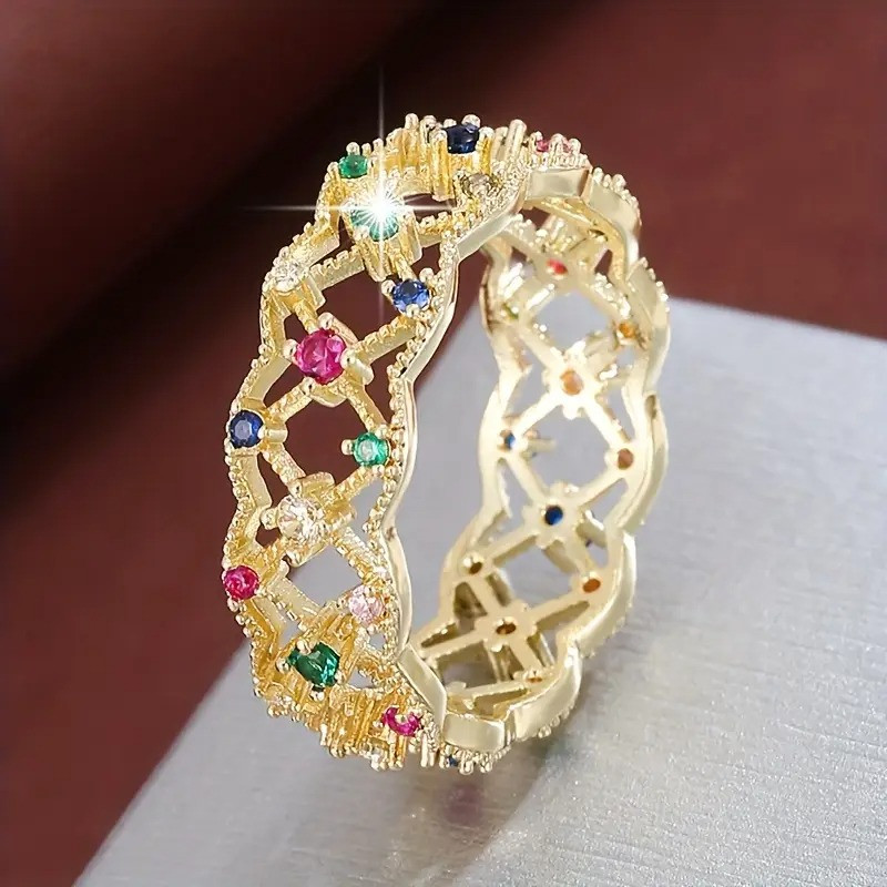 Каблучка золотиста порожниста з кольоровими цирконами 18.5 AurumLux018, фото 1