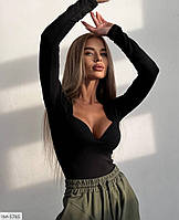 Боді жіноче обтисле приталене по фігурі з фігурним вирізом декольте довгий рукав розміри 42-48