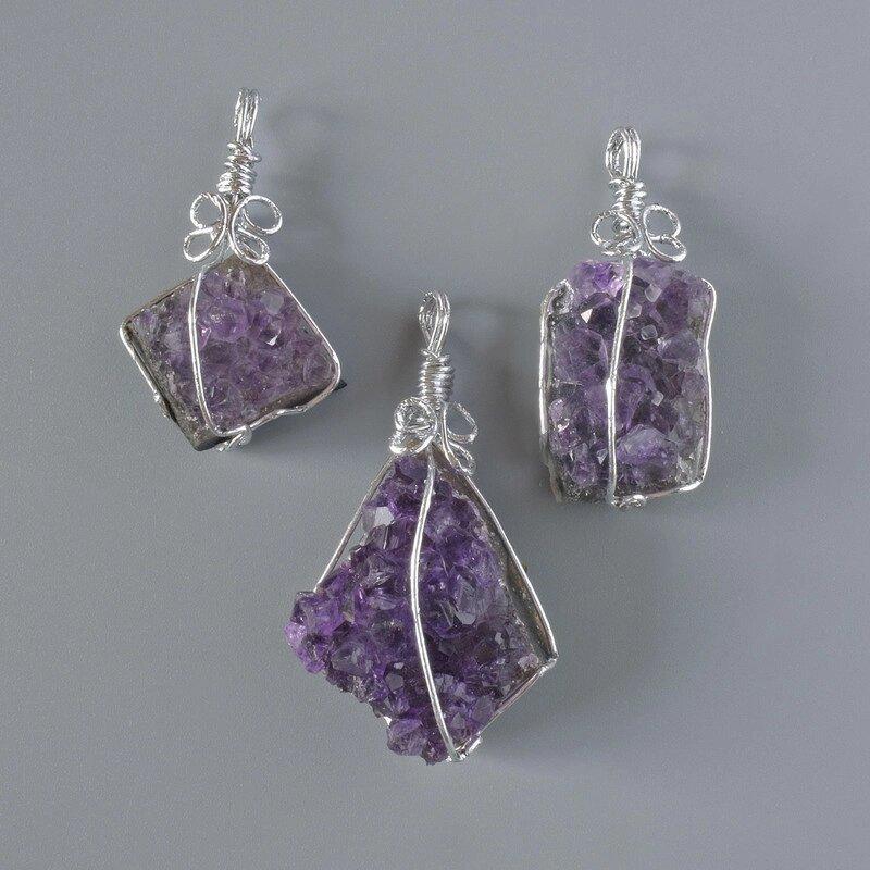 Кулон Аметист Друза Жеода натуральний камінь в сряблястій оправі d-асорті від 16х38мм до 28х44мм+-, фото 1