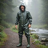 Водонепроникний ПВХ костюм для рибальства, суцільний водонепроникний комбінезон з капюшоном та чоботами 41-47р.