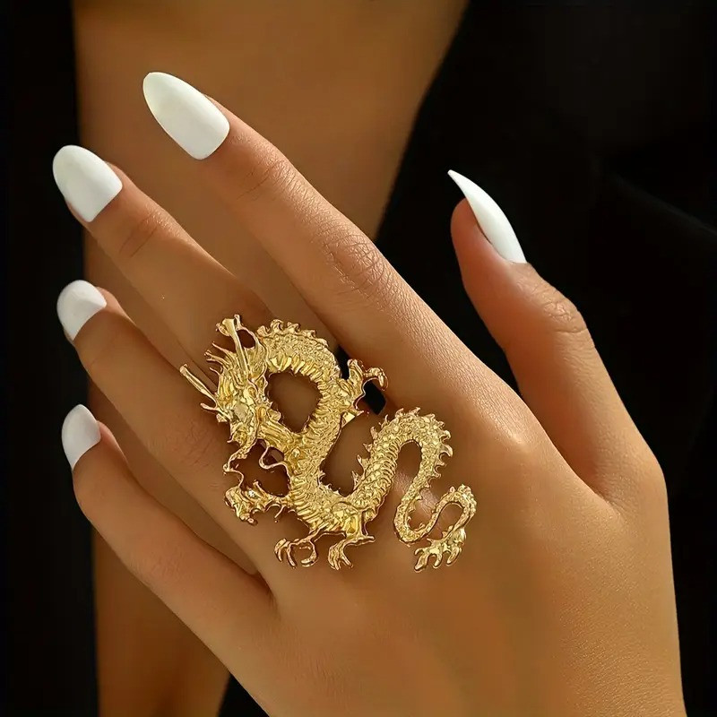 Жіноча вінтажна золота довга масивна каблучка у формі дракона регульована AurumLux022, фото 1