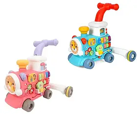 Каталка-ходунки 6062-6063 паровоз, музика, світло, сортер, годинник, піаніно, шестерні, 2 кольори, на батарейках.