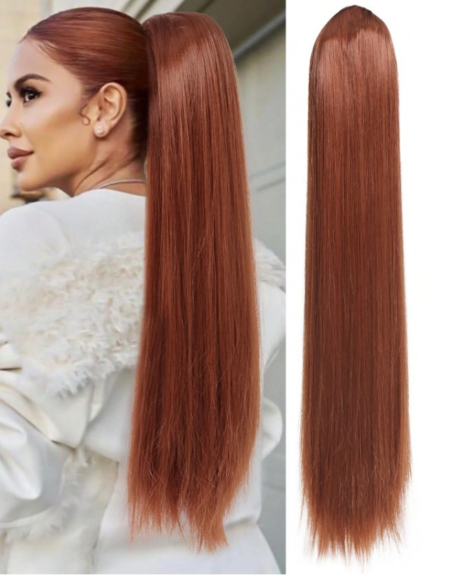 Хвіст шиньйон утяжці рівний рудий густий 80 см термостійке волосся, фото 1