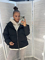 Куртка пуховик жіноча зимова чорно-біла з капюшоном