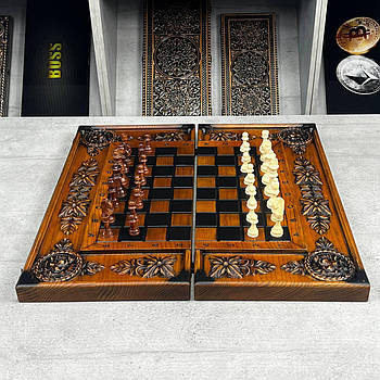 Шахи дерев'яні, різьблений набір з левом із ясеня, 64х32 см, арт.191106