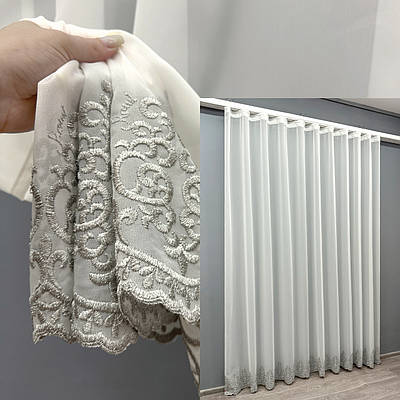 Тюль креп з вишивкою і люрексом. Колір молочний з сірим. Код 1819т