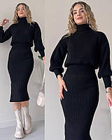 Жіночий Шикарний костюм, кофта та спідниця, 42-44, 44-46, 48-50, чорний, беж, темний беж, оливка, турецький рубчик.