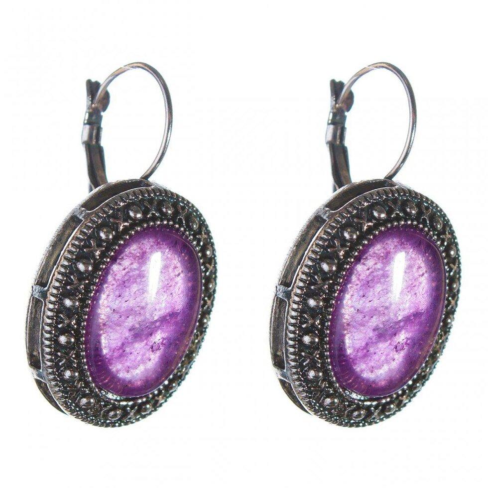 УЦЕНКА Сережки Аметист оправа "точка хрестик" овальний камінь 2,5*2см L-3,8см, фото 1