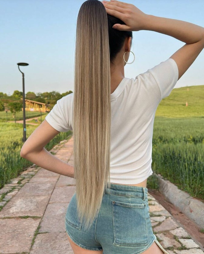 Шиньйон рівний довгий та густий з утяжкою шатен омбре в блонд термоволокно 80 см, фото 1