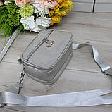 Шкіряна лакова сумка жіноча клатч на широкому ремені вечірня маленька через плече сіра, фото 3