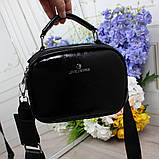 Шкіряна жіноча лакова чорна сумка клатч на широкому ремені вечірня маленька через плече, фото 5