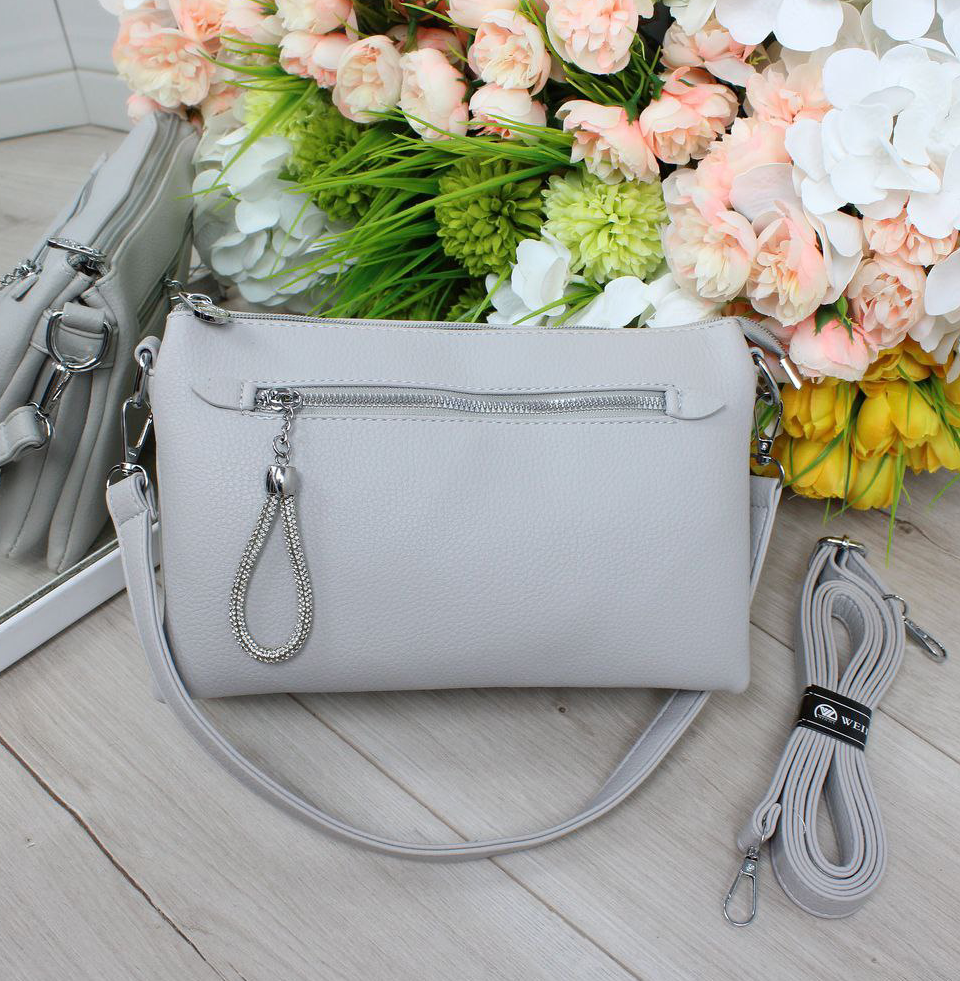 Шкіряна сумка жіноча клатч вечірня маленька через плече класика світло сіра, фото 1