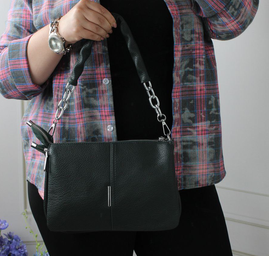 Шкіряна модна сумка через плече маленька зелена класика, фото 1