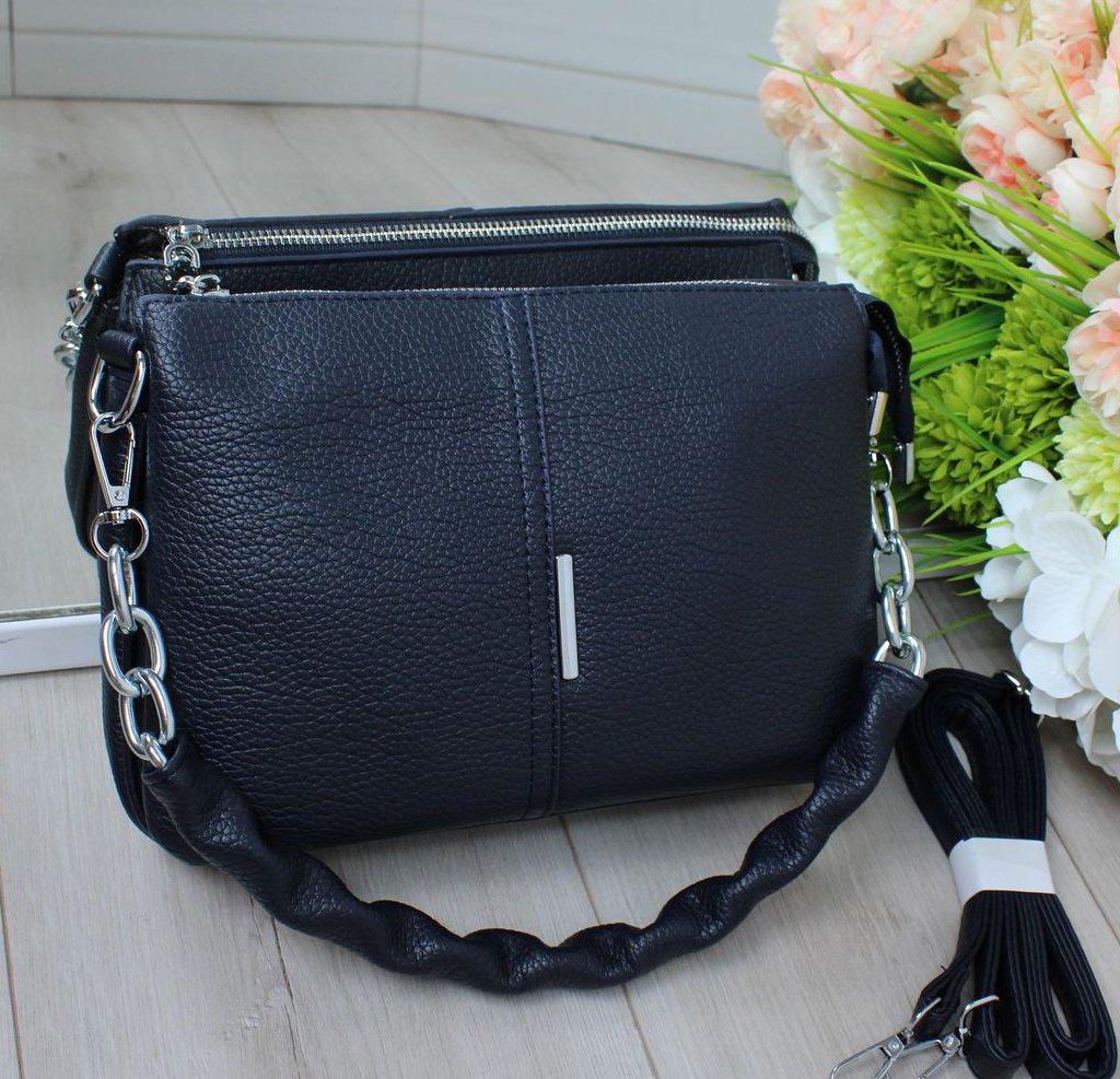 Шкіряна модна жіноча сумка через плече маленька синя класика, фото 1