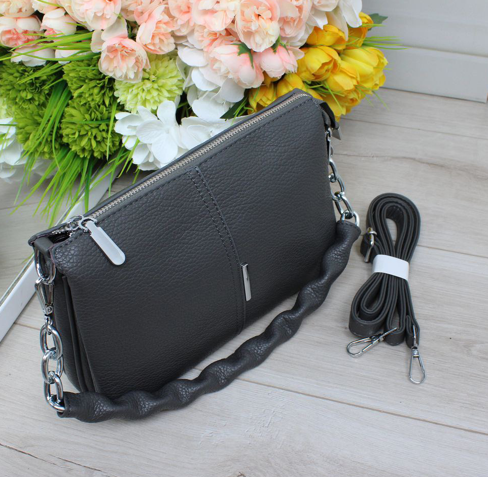 Шкіряна модна жіноча сумка через плече маленька сіра класика, фото 1