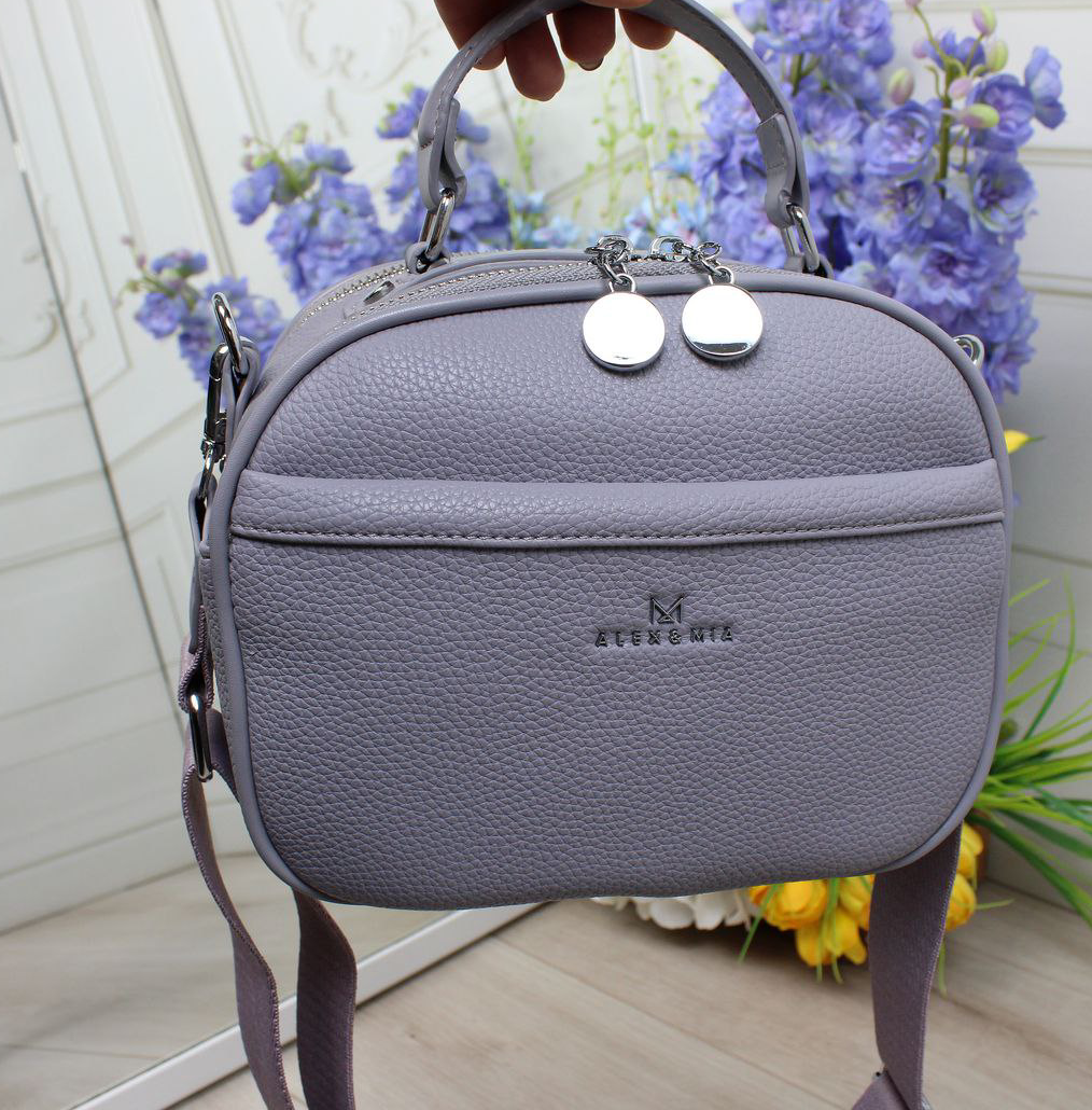 Шкіряна модна жіноча сумка маленька через плече на широкому фіолетовому ремені, фото 1