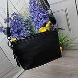 Натуральна жіноча шкіряна чорна сумка клатч через плече маленька на широкому ремені вечірня, фото 3