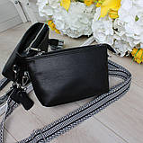 Натуральна жіноча шкіряна чорна сумка клатч через плече маленька на широкому ремені вечірня, фото 7
