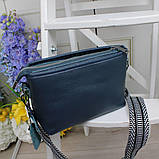 Натуральна шкіряна сумка жіноча клатч через плече маленька на широкому ремені вечірня синя, фото 3