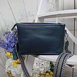 Натуральна шкіряна сумка жіноча клатч через плече маленька на широкому ремені вечірня синя, фото 4