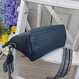 Натуральна шкіряна сумка жіноча клатч через плече маленька на широкому ремені вечірня синя, фото 6